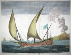 Engraving of a 18th century sailing bark.