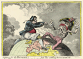 Antique engraving of Gillray's famed "Fighting over the Dunghill".