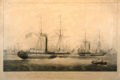 Aquatint of steamers Giraffe and Ocean in Rotterdam harbor.