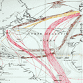 Chart with most common routes utilized by sailing ships.