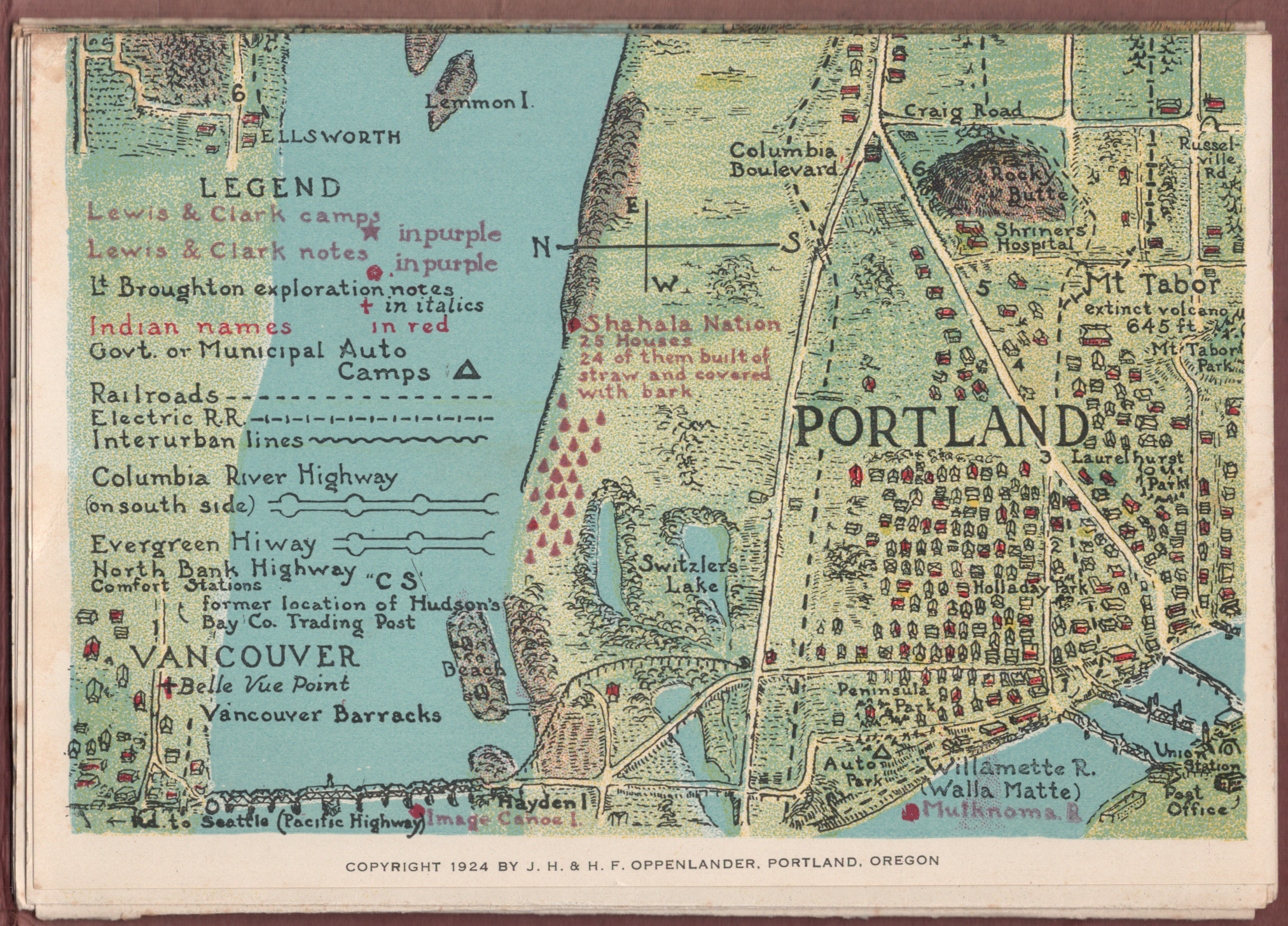 Detail of Portland, Oregon region from the Oppenlanders' 1924 map of the Columbia River.