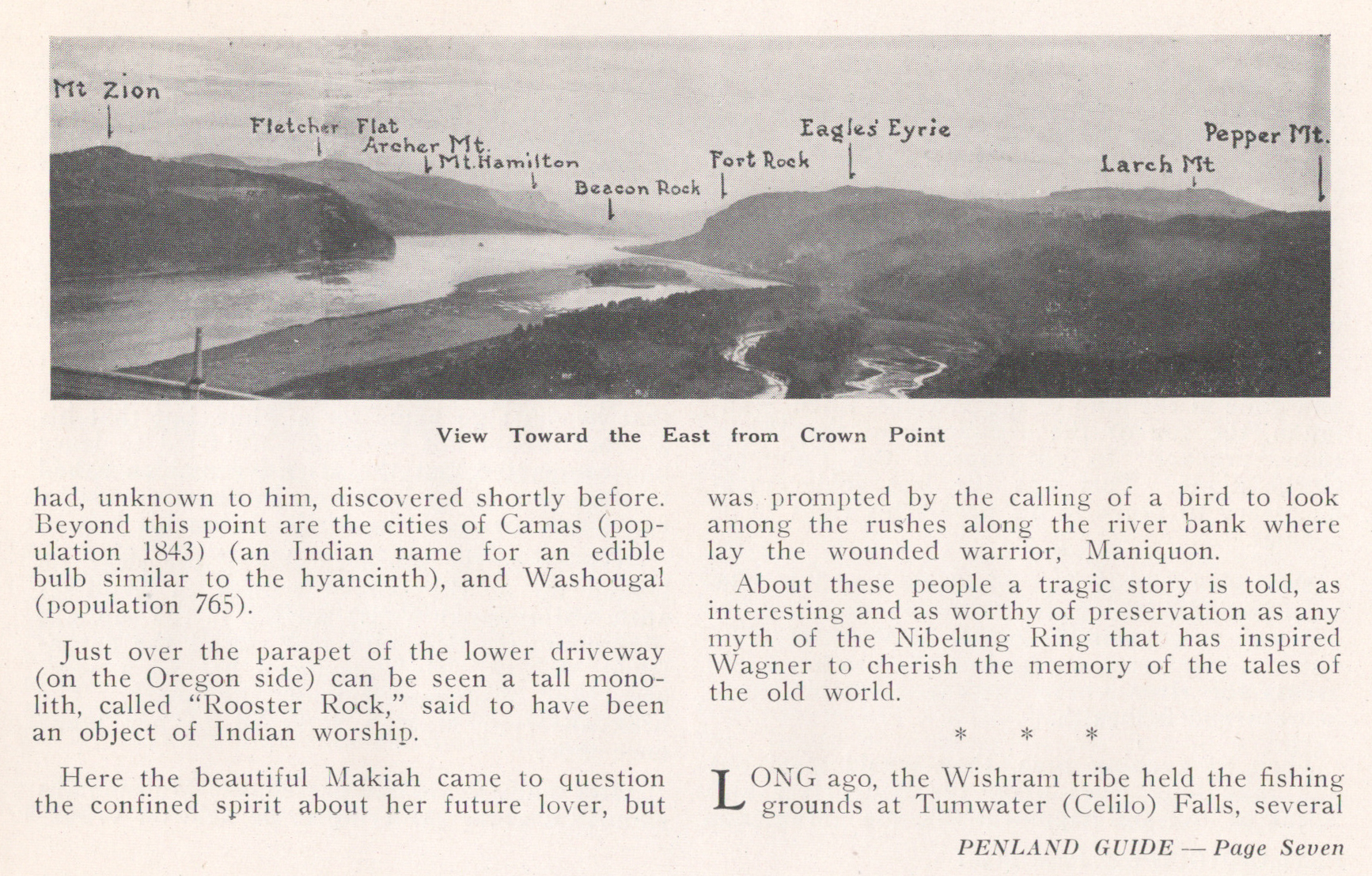 Panoramic photo looking east from Crown Point.  Taken from Oppenlander's map of the Columbia River, 1924.