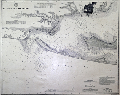 Nautical chart of the entrance to Pensacola Harbor, Florida published by the United States Coast and Geodetic Survey (U.S.C.G.S.) in 1859 but 1892