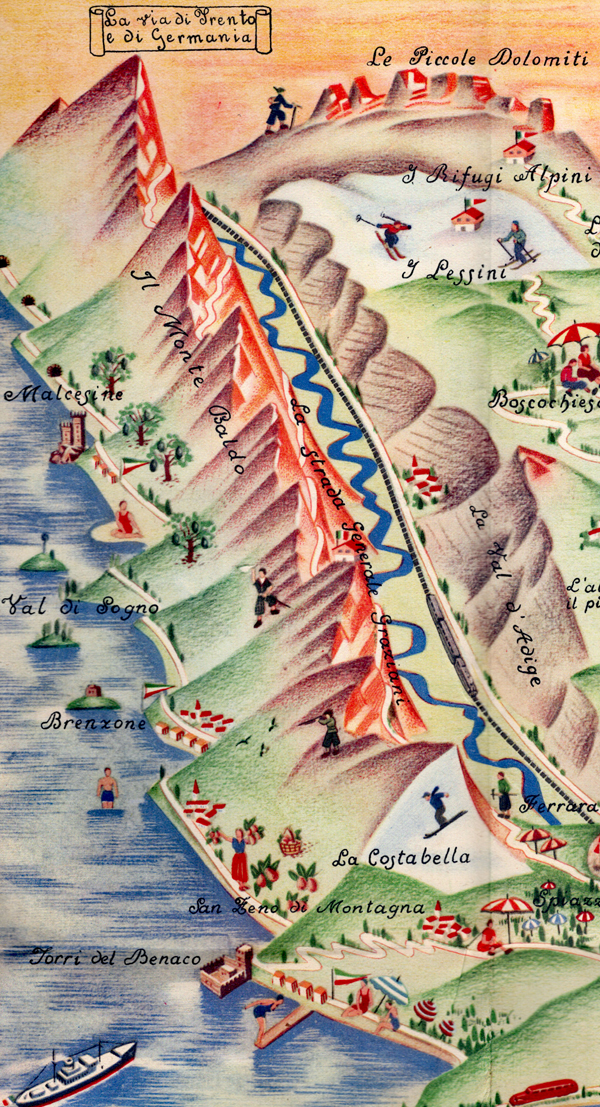 Lake Garda coastal and Monte Baldo detail from a pictorial map of the province of Verona, Italy.