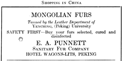 Advertisement for the Sanitary Fur Company. Peking China. 1927.