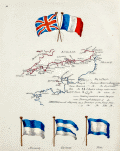 Manuscript page with flags and a chart of British Channel