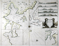 Antique sea chart of the Orkney Islands in Scotland with sea eagles.